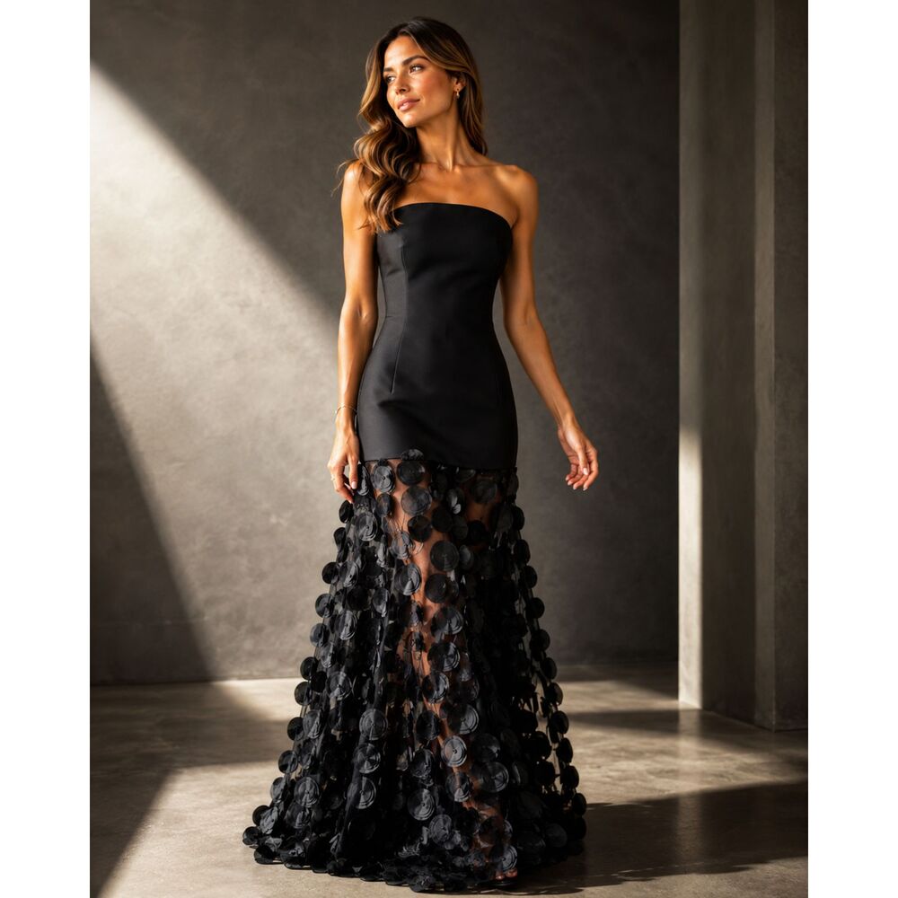 Meilun Black Strapless Bodycon Stretch Maxi Gown | Sheer 3D Polka Dot Mesh Large